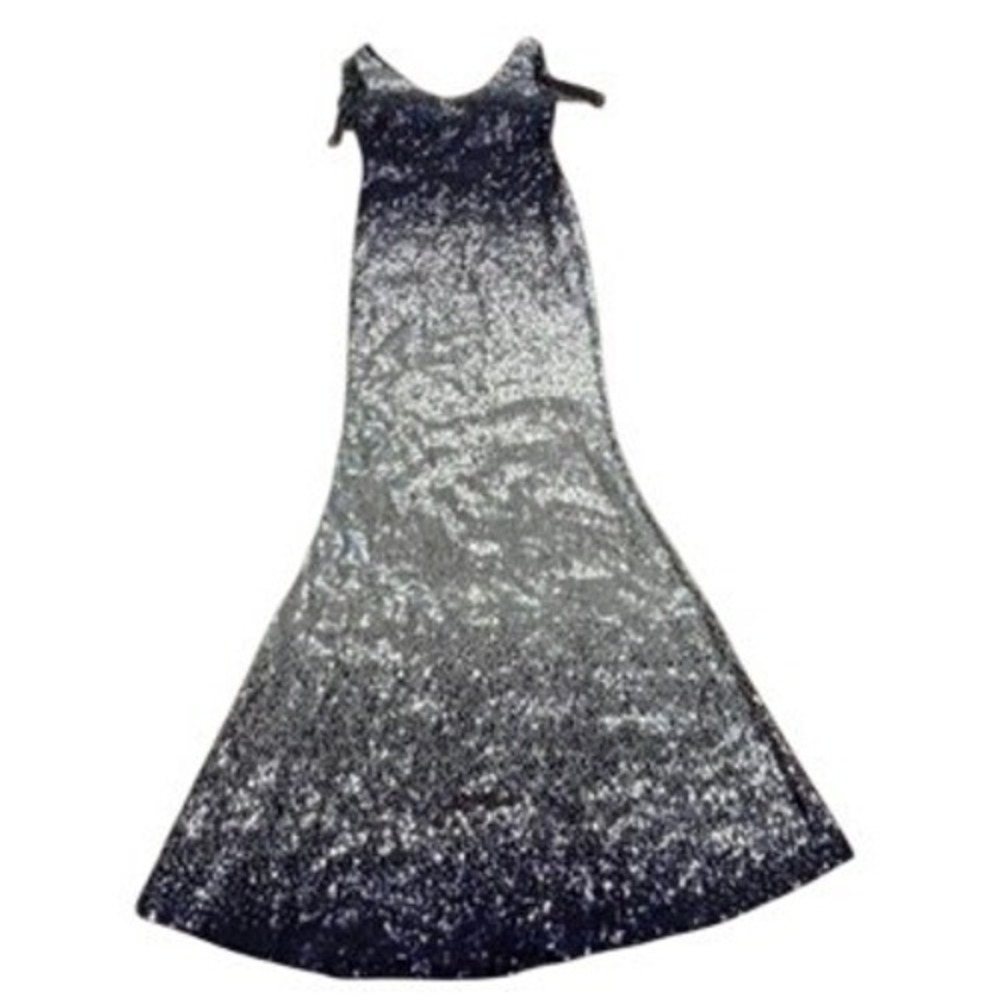 Navy Blue Silver Ombre Sequin V-Neck Formal Evening Gown Beaded Maxi Dress M